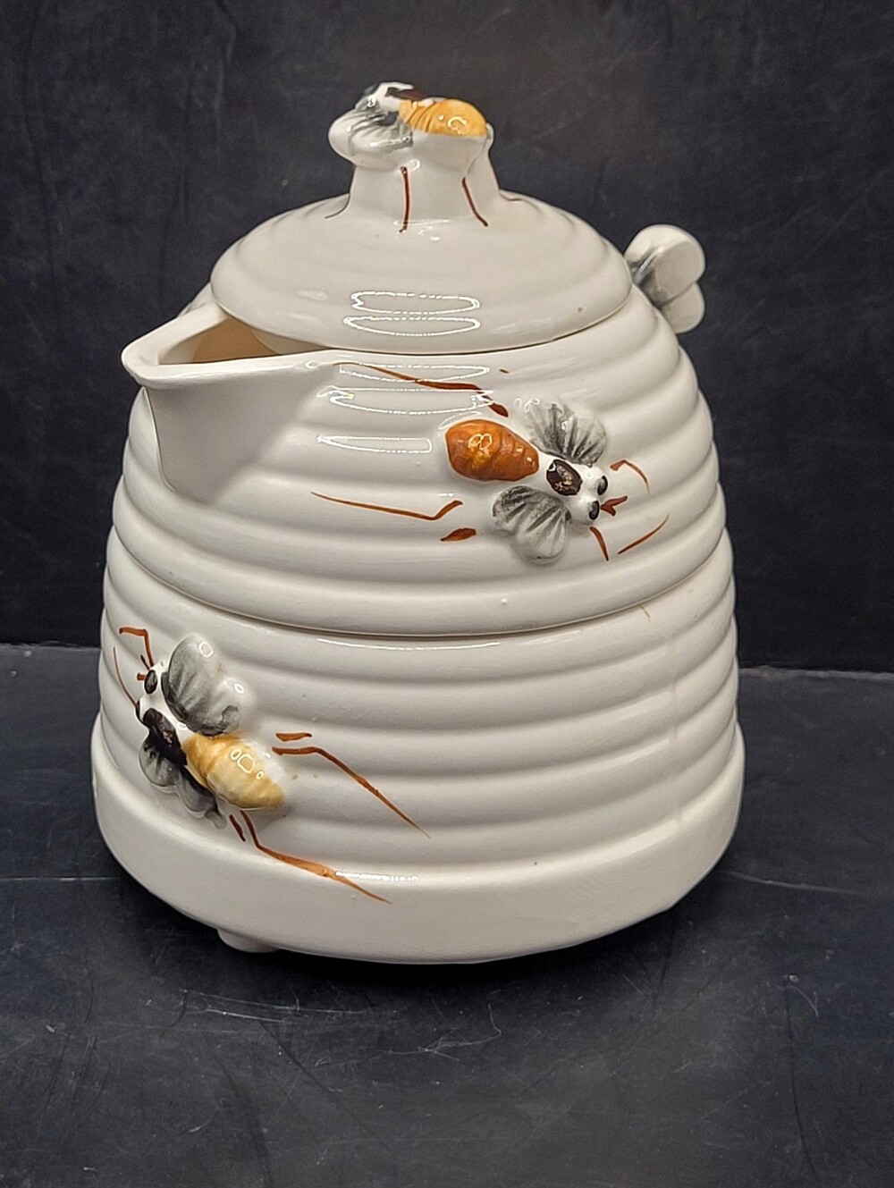 Vintage ESD Japan Ceramic Beehive Sugar Creamer 3 Pc Stacking Set Bumblebees 5"
